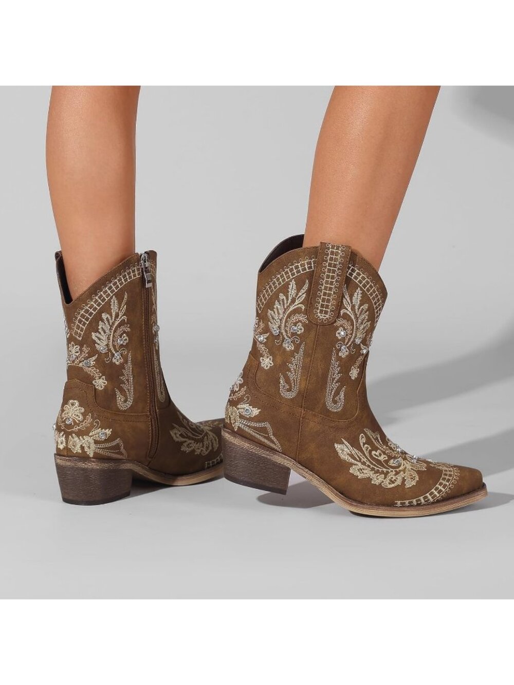 Women's Brown Comfortable Chunky Heel Side Zipper Embroidered Short Cowgirl Boot - Picture 6 of 7